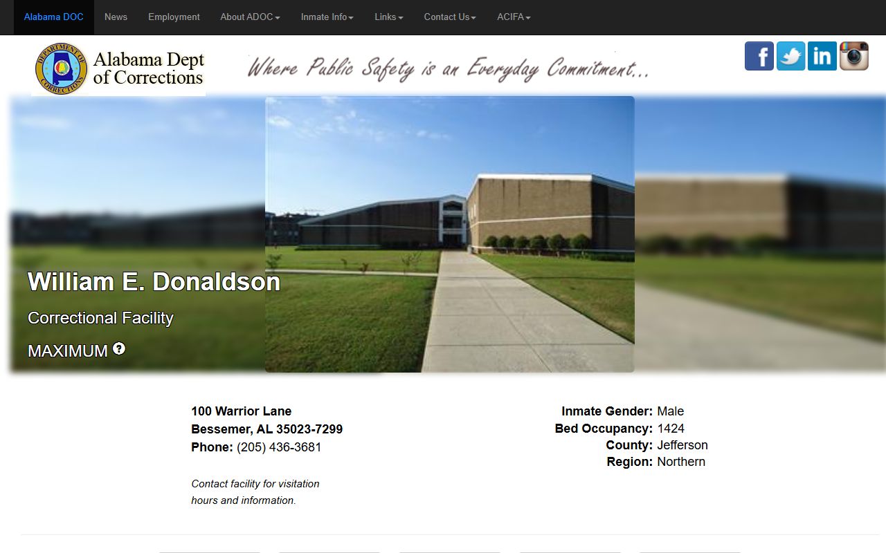 William E. Donaldson Correctional Facility inmate lookup and ADOC facility record