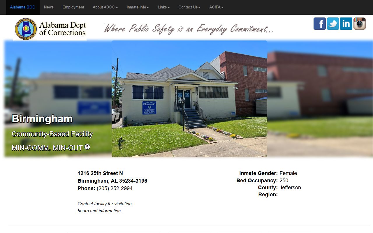 Birmingham Community Based Facility and Community Work Center ADOC inmate search record