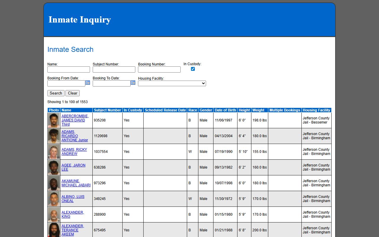 Jefferson County inmate population search results with booking photo column