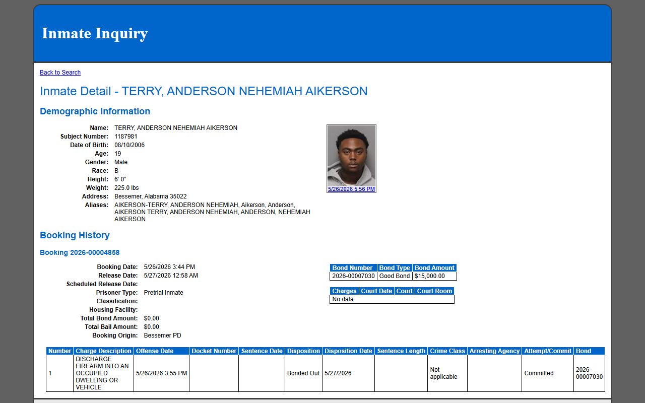 Jefferson County inmate records detail profile with booking and charge fields