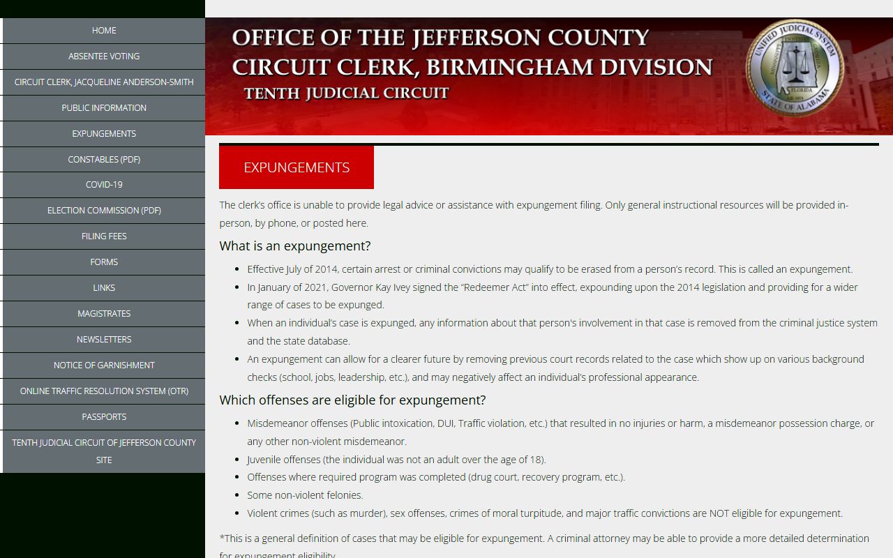 Jefferson County arrest records expungement court charge access